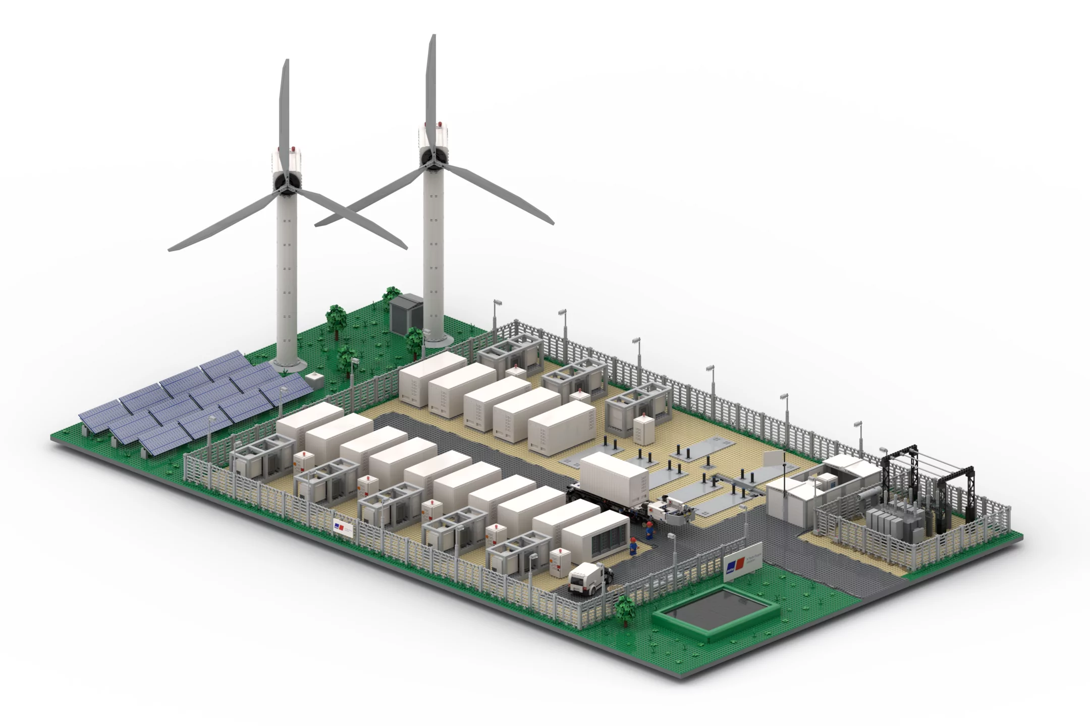 Individuelles Messemodell aus LEGO Klemmbausteinen Energiepark mit Windkraftanlagen und Batteriespeichern